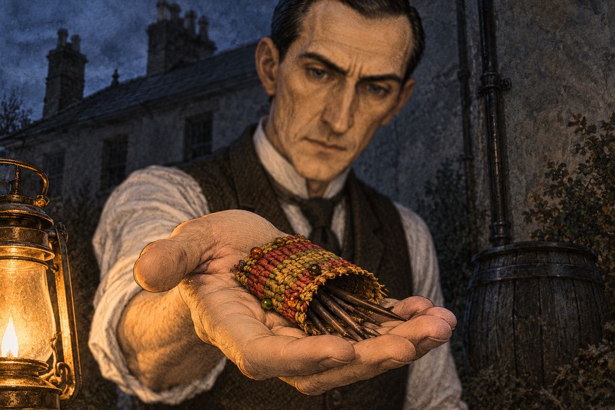 Pulling on his boots, Holmes held up what the fugitive had dropped on the roof: a little pouch woven of coloured grasses, with tawdry beads, holding half a dozen dark, sharp thorns like the one that had killed Bartholomew Sholto. "They are hellish things," he said. "Look out that you don't prick yourself."