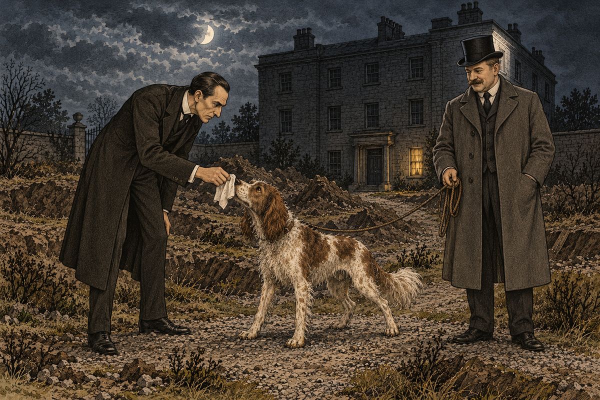 Holmes pushed the creosote-soaked handkerchief under Toby's nose, and the dog sniffed like a connoisseur tasting a fine wine. Then, at the foot of the barrel, he gave a high yelp and pattered off, nose down and tail up, over the boundary wall where the wooden-legged man had left a smudge of blood on the plaster.
