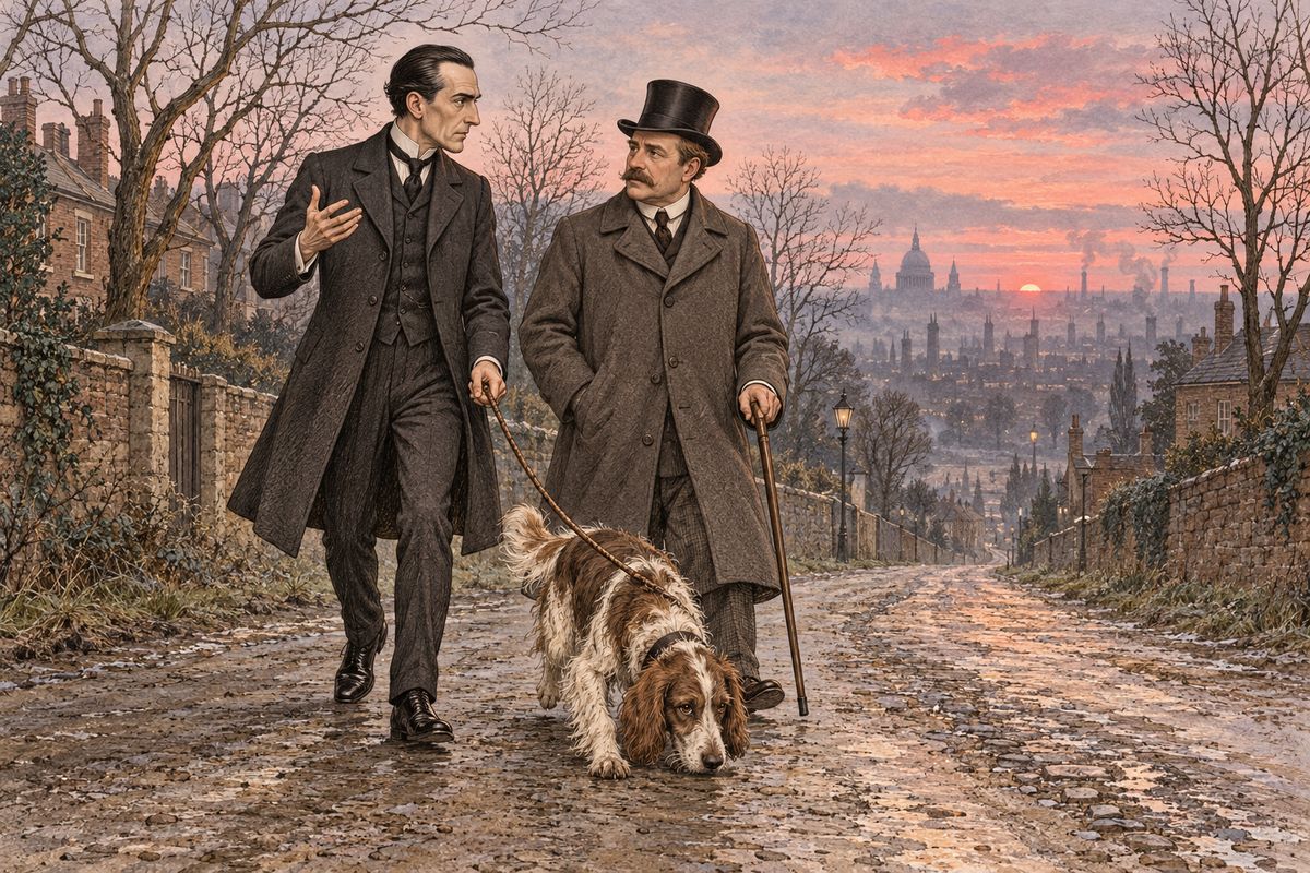 Toby led them six miles through south London as the sun rose. On the way Holmes laid it out: Jonathan Small, the wooden-legged man, was an escaped convict from the Andaman Islands, back for the treasure and for revenge on Major Sholto. It was his strange companion who had done the killing. Then Holmes quoted Jean Paul on man's smallness, and quietly loaded his revolver.