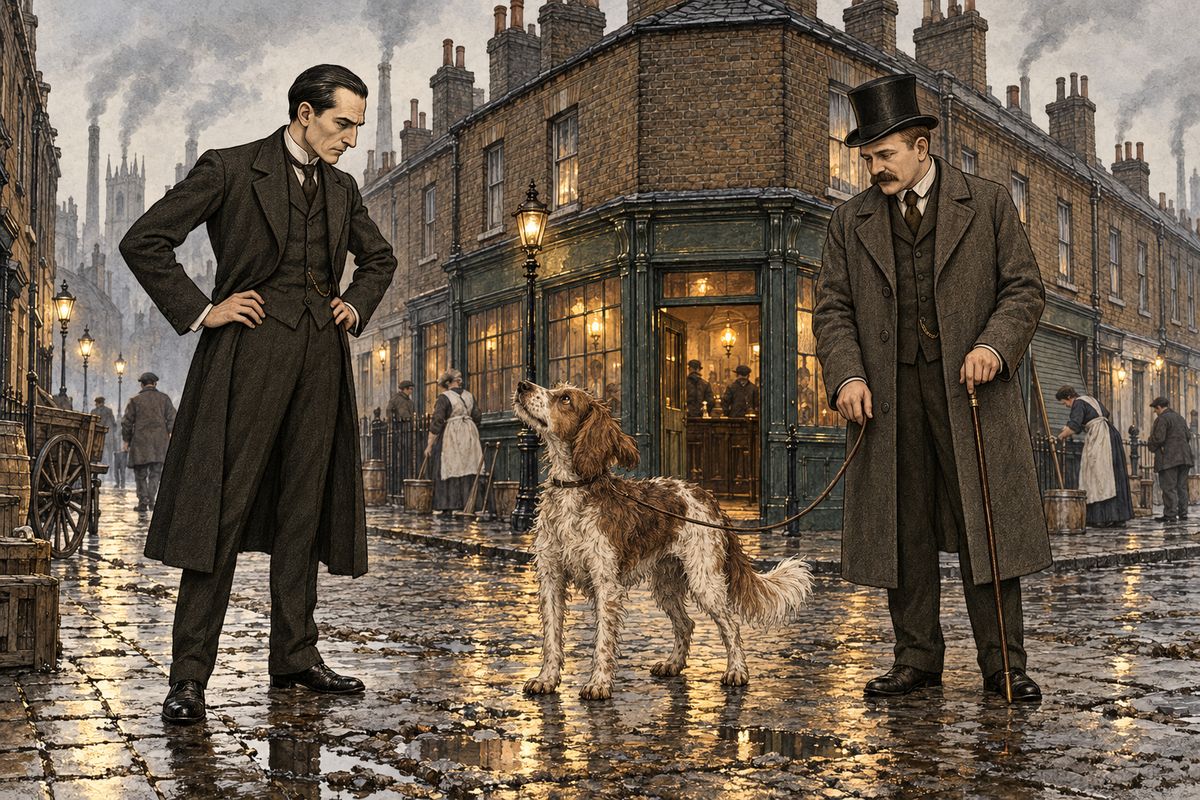 Through Streatham, Brixton and Camberwell the trail zigzagged by side-streets as the town woke. At Knight's Place Toby stopped and ran in circles, one ear cocked. "What the deuce is the matter with the dog?" growled Holmes. Then Toby darted off, the scent so hot he hardly needed to lower his nose.