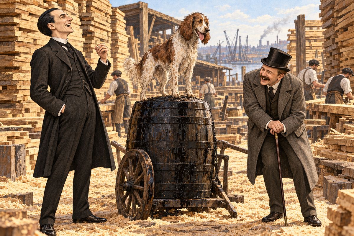 Down Nine Elms Toby dragged them into Broderick and Nelson's timber-yard, through sawdust and between the wood-piles, and sprang triumphantly onto a barrel on a hand-trolley, smeared with dark creosote. He looked round proudly for praise. Holmes and Watson stared blankly at each other, then burst out into helpless laughter.