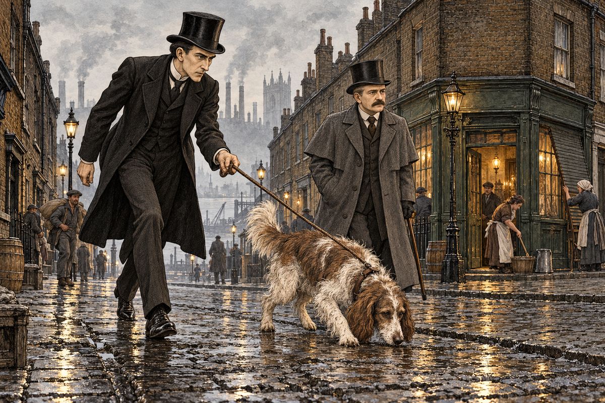 Poor Toby was not to blame, said Holmes: with so much creosote carted about London, two trails had crossed at Knight's Place, and they had simply taken the wrong one. Led back to the corner, the dog cast about in a wide circle and dashed off in a fresh direction, keeping to the pavement, down towards the river.