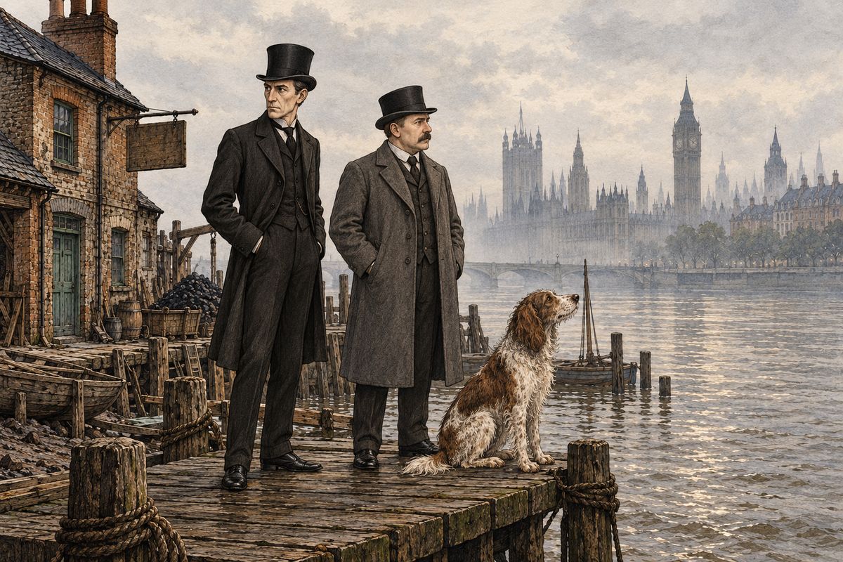 At the end of Broad Street the trail ran right to the water's edge, where Toby stood whining at the dark current. The fugitives had taken a boat. Beside the landing-stage stood a brick house with a sign — 'Mordecai Smith, Boats to hire' — and a heap of coke for a steam launch. 'This looks bad,' said Holmes.