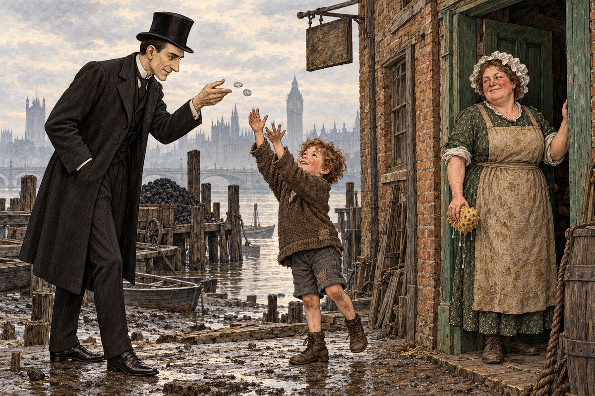 As Holmes neared the door, a curly-headed boy of six dashed out, chased by his red-faced mother waving a sponge. 'Dear little chap!' said Holmes. 'Is there anything you would like?' Little Jack thought hard and asked for a shilling — then, on reflection, two. Holmes tossed them over and praised the child warmly to Mrs. Smith.