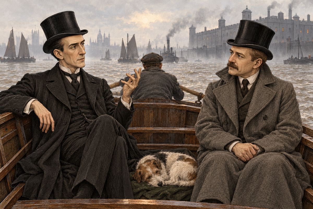 Pretending to muddle the details, Holmes drew out the launch's name — the Aurora, fresh-painted black with two red streaks, a black funnel with a white band. Then he hired a wherry across the river. 'Never let such people think their information matters to you,' he told Watson, 'or they will shut up like an oyster.'
