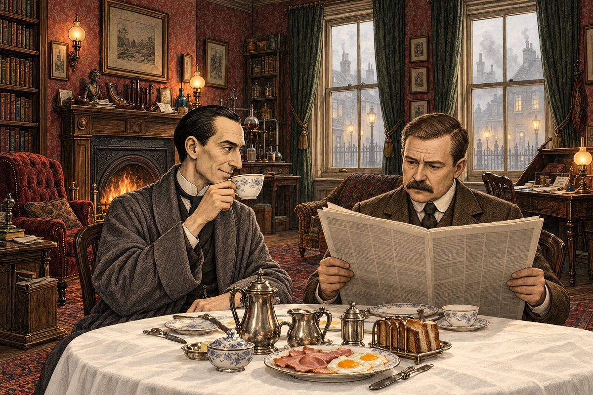 Holmes wired his 'dirty little lieutenant' and they went home to Baker Street. Over breakfast he passed Watson the Standard: the 'energetic' Athelney Jones had arrested Thaddeus Sholto, the housekeeper, the butler and McMurdo. 'Isn't it gorgeous!' grinned Holmes. Watson, who wanted the treasure found for Miss Morstan's sake, thought they had nearly been arrested themselves.