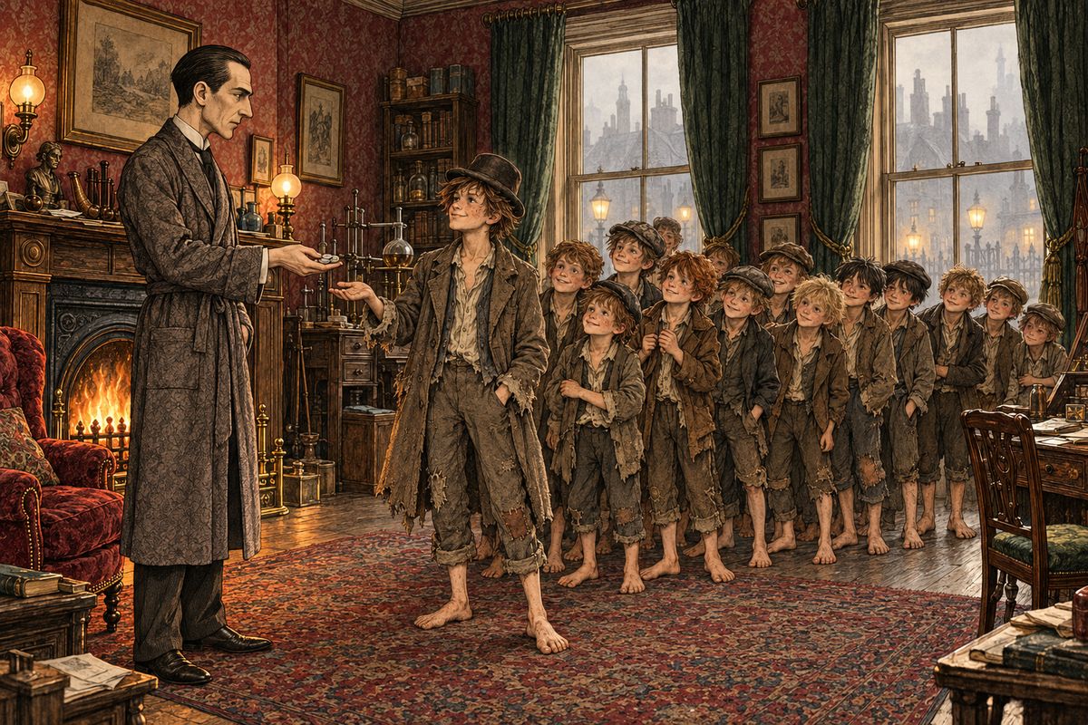 A ring at the bell, a wail from Mrs. Hudson, and a dozen ragged street boys came pattering up the stairs and lined up smartly. 'Got your message, sir,' said Wiggins. Holmes told them to find the Aurora by searching both banks of the river, a shilling each in advance and a guinea for the boy who found her.