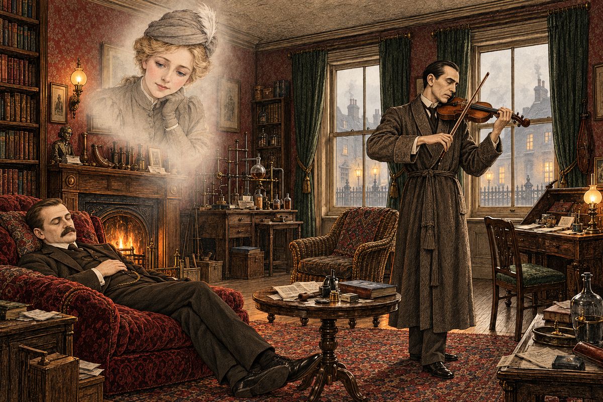 How the islander came to be with Jonathan Small, Holmes could not yet say. 'You look regularly done,' he told Watson, and sent him to the sofa. Then he took up his violin and played a low, dreamy air of his own, until Watson drifted away on a soft sea of sound and dreamed of Mary Morstan's sweet face.