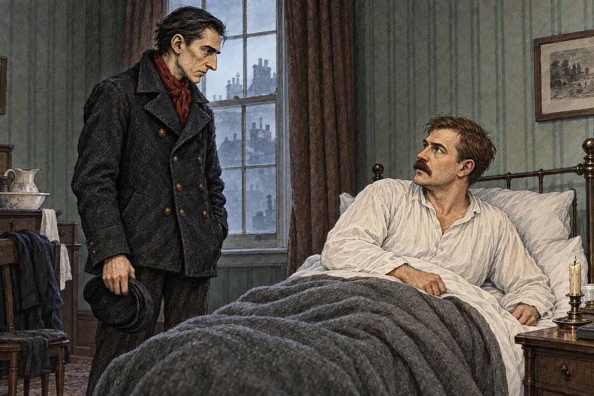 Mrs. Hudson whispered that she feared for his health. A second day brought no news either, only an evening of smelly chemical experiments. Then at dawn Holmes woke Watson, dressed as a rough sailor. “I am off down the river, Watson,” he said, and he left Watson behind to open every note and telegram.