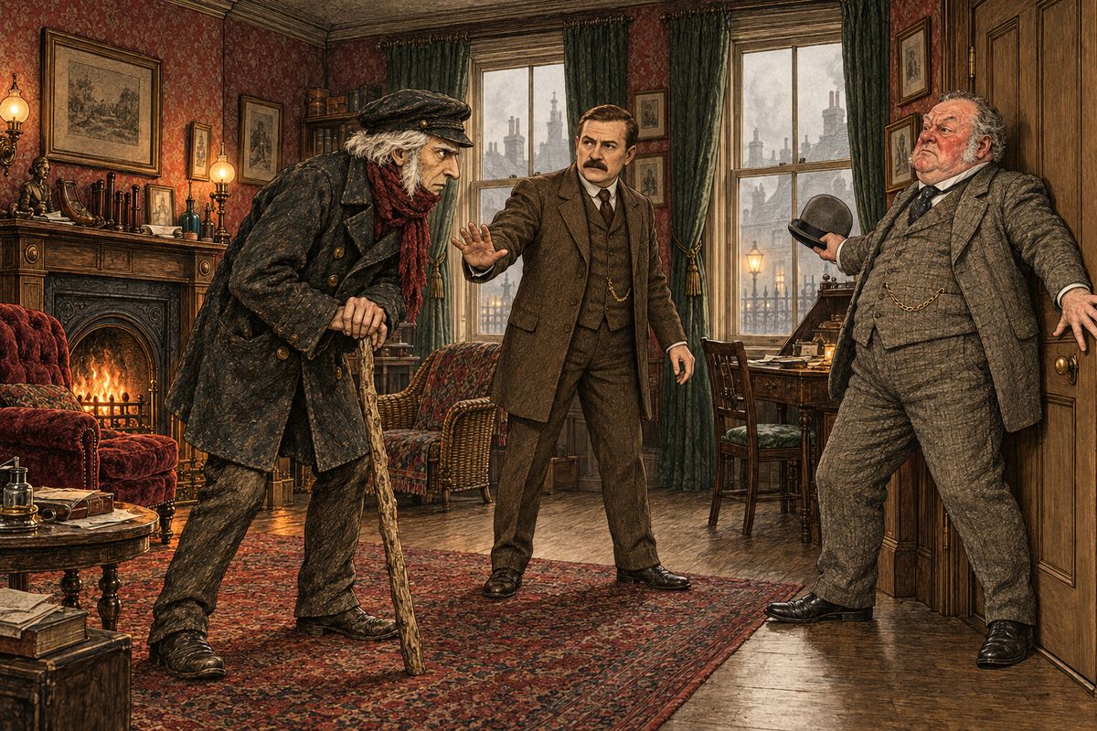 A wheezing old sailor climbed the stairs and asked for Mr. Holmes alone. He claimed he knew where the boat, the men and the treasure were, but he would tell nobody else. When he shuffled off in a temper, Jones planted his broad back against the door and kept him there.