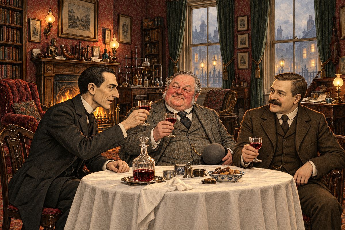That evening Holmes was in high spirits after his black days of waiting. Over dinner he talked brilliantly of miracle-plays, Stradivarius violins and the war-ships of the future, and Athelney Jones ate like a man at a feast. Then Holmes poured the port. "One bumper to the success of our little expedition. Have you a pistol, Watson?"