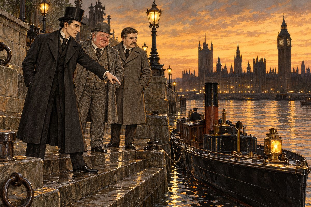 With Watson's old service-revolver in his pocket, they reached Westminster wharf a little past seven. Holmes looked the police launch over carefully. "Is there anything to mark it as a police-boat?" Only the green lamp at the side, he was told. "Then take it off." The lamp came down, and the ropes were cast off.
