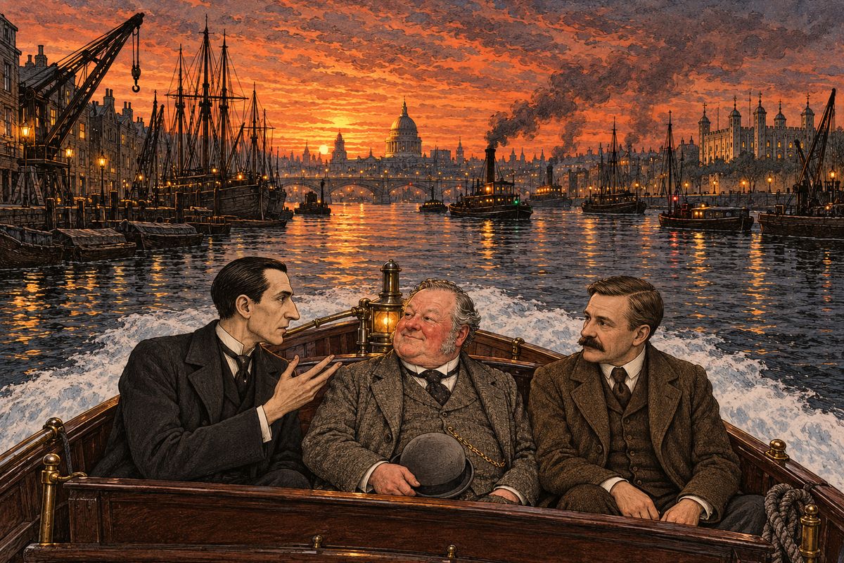 The launch shot downriver past lines of barges while Holmes explained. Small would need a day to arrange his affairs and must hide the Aurora close at hand. "I wondered what I should do myself if I were in his shoes." He would give her to a boat-builder for some small repair, hidden in a shed yet ready within hours.