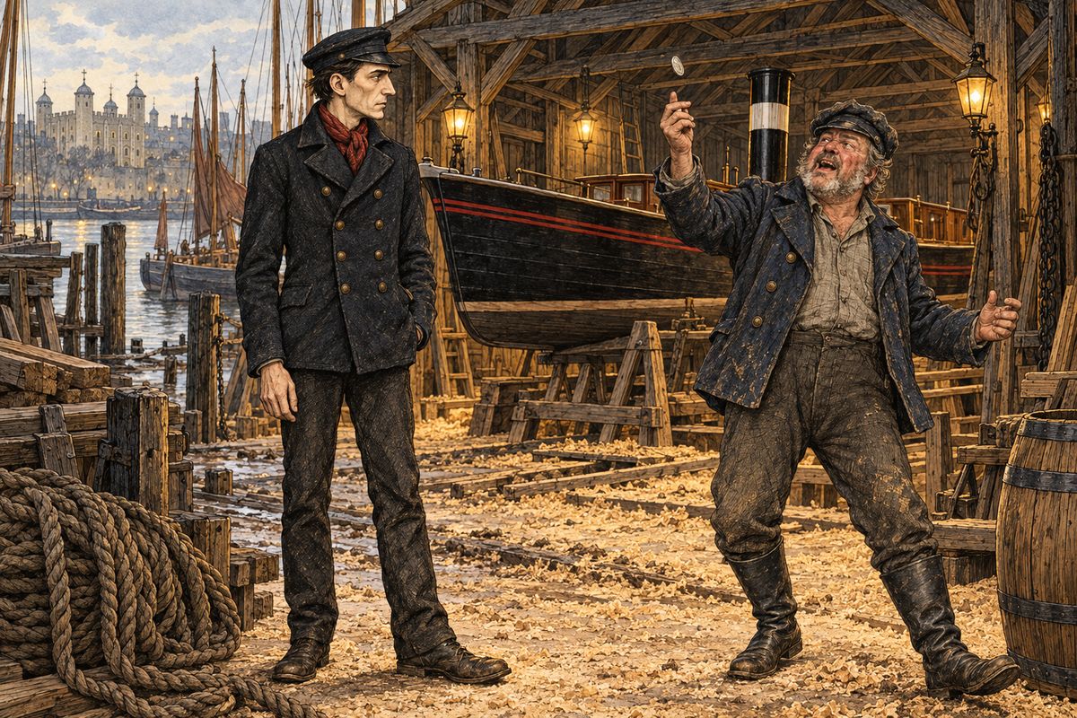 Dressed in a seaman's rig, Holmes had drawn blank at fifteen yards. At the sixteenth, Jacobson's, he found the Aurora with her red streaks, left there by a wooden-legged man for a rudder that needed no mending. Then Mordecai Smith rolled in, the worse for drink, wanting her at eight o'clock sharp. Holmes set one of his boys to watch her.