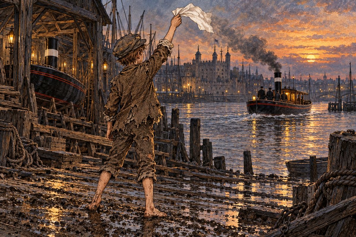 At twilight they cruised off the Tower behind a string of lighters while Holmes watched the yard through his night-glasses and talked of Winwood Reade. Then he broke off. "Surely there is a white flutter over yonder." The boy was waving his handkerchief, and the Aurora came tearing out from behind the small craft, going like the devil.