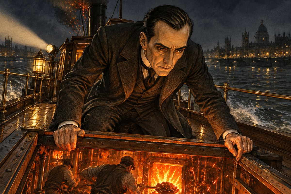 "Heap it on, stokers! If we burn the boat we must have them!" cried Holmes. The furnaces roared and the engines clanked like a great metal heart. Holmes leaned over the engine-room, the fierce red glow lighting his eager, hawk-like face, and the frail boat shook with every throb as she flew after the Aurora.