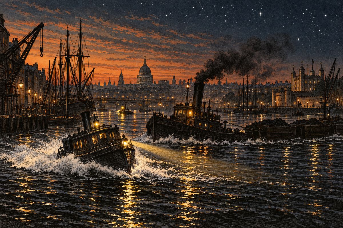 Just as they began to gain, a tug towing three barges blundered between them. Only a hard turn of the helm saved them, and the Aurora gained two hundred yards. On they raced through the Pool, past the West India Docks and round the Isle of Dogs; at Greenwich they were three hundred paces behind, and at Blackwall barely two hundred and fifty.