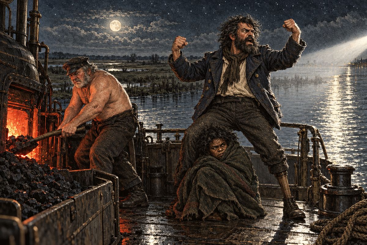 Jones turned the search-light on the Aurora. Smith's son held the tiller, old Mordecai shovelled coal stripped to the waist, and a man crouched in the stern beside a dark bundle. When Jones yelled to them to stop, the man sprang up, shaking his fists and cursing, and Watson saw that his right leg was only a wooden stump.