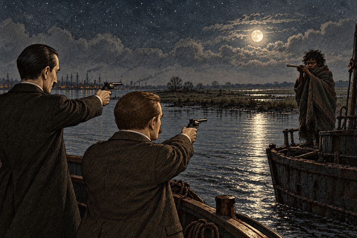 At the shouting, the bundle on the deck stirred and rose: a very small man wrapped in a dark blanket, his eyes glowing in the lantern-light. They were barely a boat's length apart. "Fire if he raises his hand," said Holmes quietly. Then the Islander drew out a short, round piece of wood and put it to his lips.