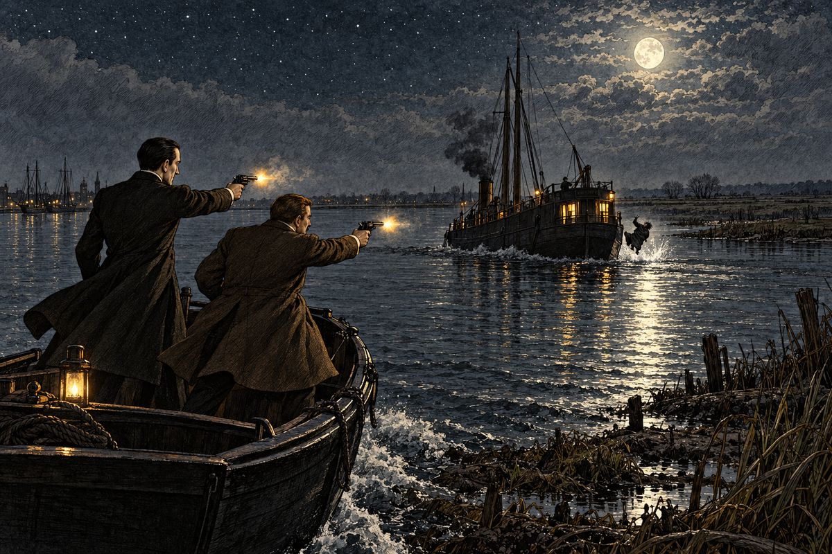 The two pistols rang out together. The small figure whirled round, threw up his arms and fell sideways into the river, and Watson caught one last glimpse of his eyes in the white swirl of the water. At that moment Small threw himself on the rudder and swung the Aurora straight in for the southern bank.