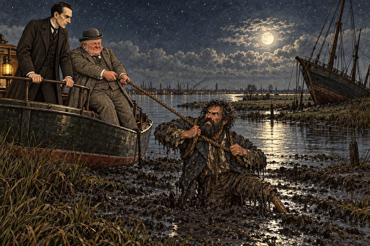 The Aurora ran up onto the mud with a dull thud. Small leapt out, but his wooden leg sank its full length into the soft bank, and the more he kicked the deeper it bored. They threw a rope over his shoulders and hauled him aboard like some evil fish. The Smiths came quietly, and the heavy iron treasure-chest was carried to the cabin.