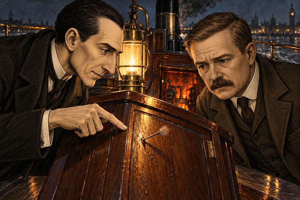 As they steamed slowly back upriver they searched the dark water with the light, but found no trace of the Islander. Then Holmes pointed to the hatchway. "We were hardly quick enough with our pistols." Stuck in the wood, just behind where they had stood, was a poisoned dart. Holmes only shrugged, but Watson felt sick at how close death had come.