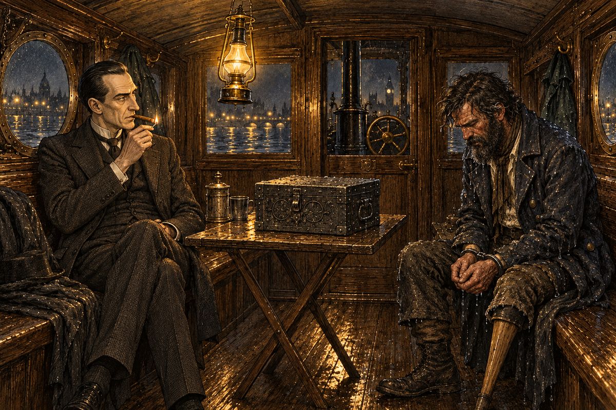 Jonathan Small sat handcuffed in the launch's little cabin, wet through, staring at the iron box he had waited so long to win. Holmes offered him a cigar and his flask. "I never raised hand against Mr. Sholto," Small swore. "It was that little hell-hound Tonga who shot one of his cursed darts into him."