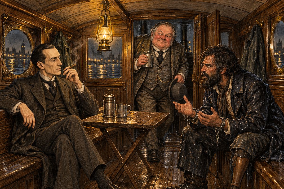 Athelney Jones squeezed his broad shoulders into the cabin, very pleased with himself and already talking as if the capture were his own. When he said the boatman Smith swore he knew nothing of the Norwood business, Small cried out, "Neither he did, not a word! We told him nothing, but we paid him well." Holmes smiled quietly at Jones's airs.