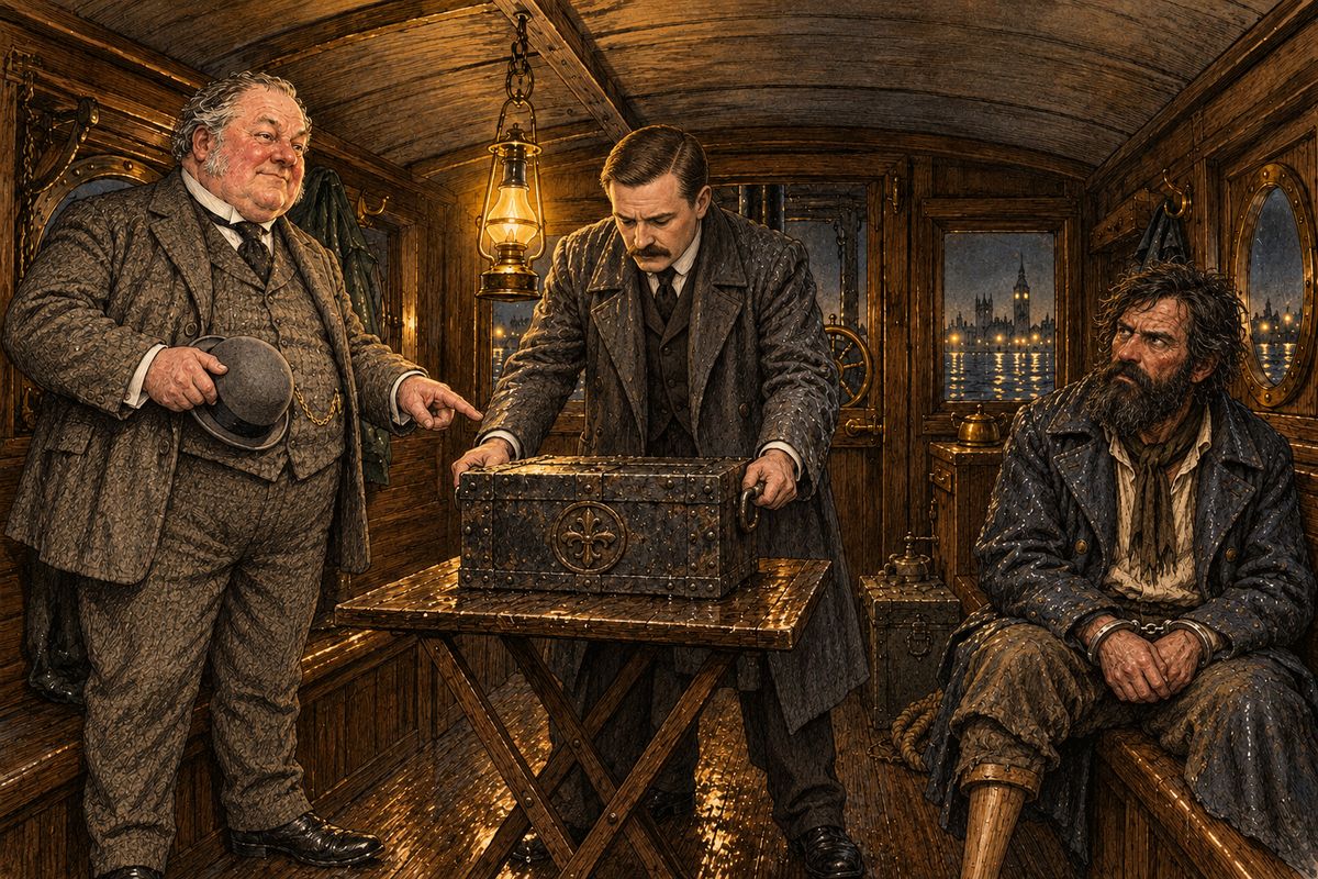 Jones said that, by their agreement, Watson might take the box to Miss Morstan, with an inspector to guard it, and bring it on to Baker Street afterwards. It was a pity there was no key to open it with. "Where is the key, my man?" Jones asked. "At the bottom of the river," said Small shortly.