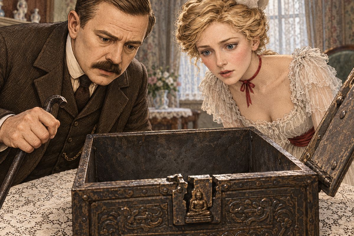 Small had thrown the key into the Thames, so Watson borrowed Mrs. Forrester's poker. He forced it under the hasp, which was shaped like a seated Buddha, and it sprang open with a loud snap. With shaking fingers he threw back the heavy lid. They both stood and stared. The box was empty!