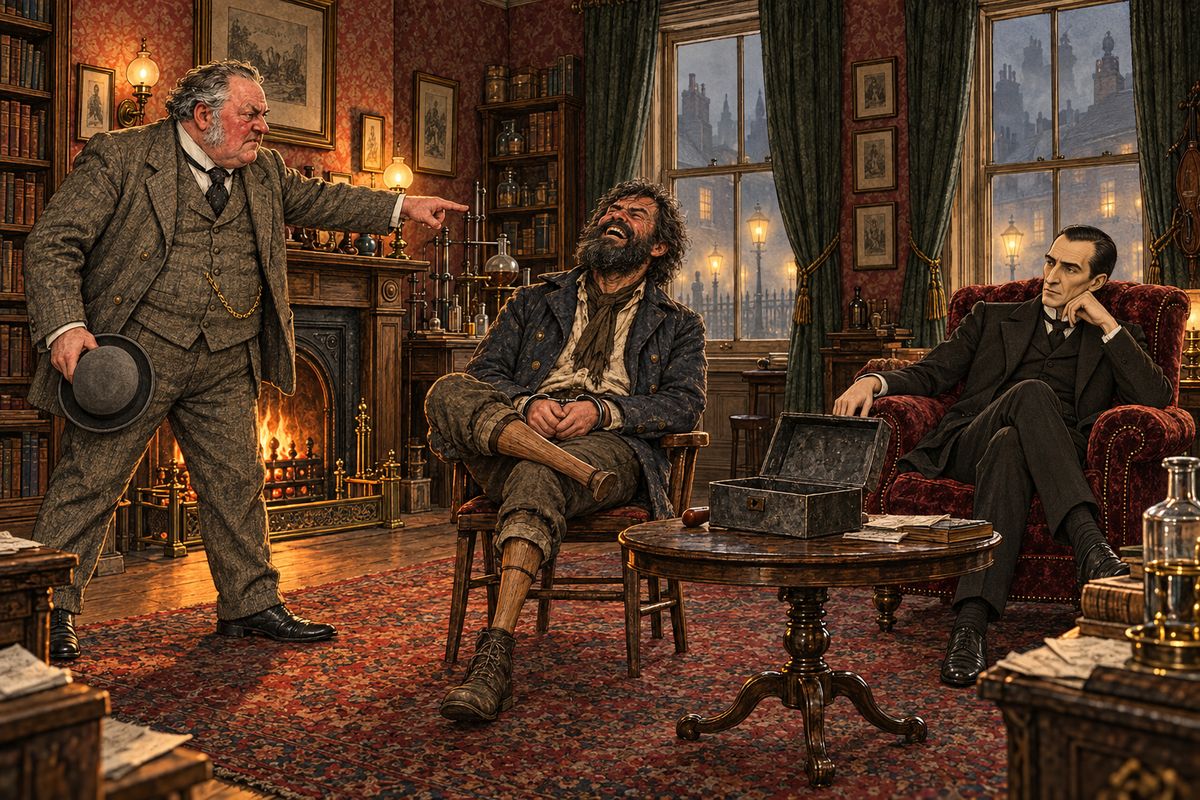 When Watson showed the empty box at Baker Street, Jonathan Small leaned back in his chair and laughed aloud. He had scattered the jewels along five miles of the Thames, he said, so that no kith or kin of Sholto or Morstan would ever lay hands on them. "There are no rupees for you this journey."