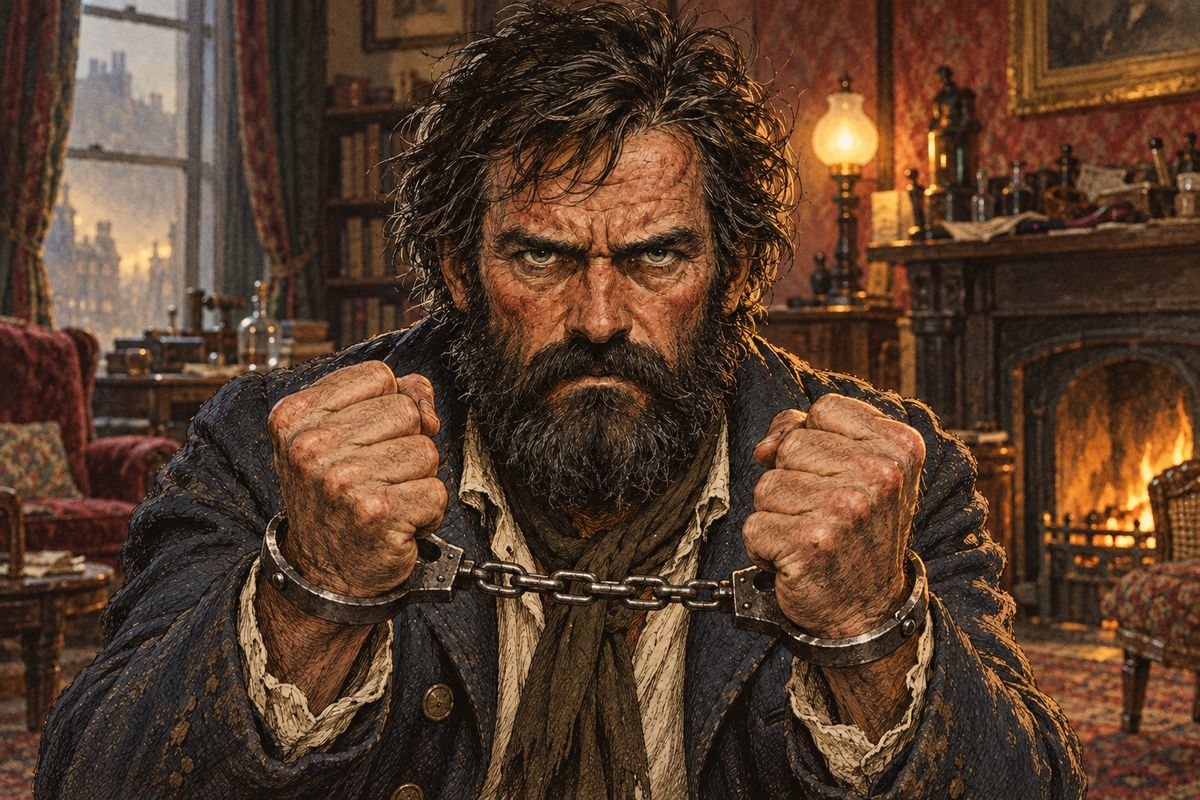 When Jones spoke of justice, Small's mask fell away. "Justice! Twenty long years in that fever-ridden swamp — that was how I earned the Agra treasure!" Holmes answered quietly that they had not yet heard his story. So Small took the glass of whisky Holmes had poured him and began to tell it.