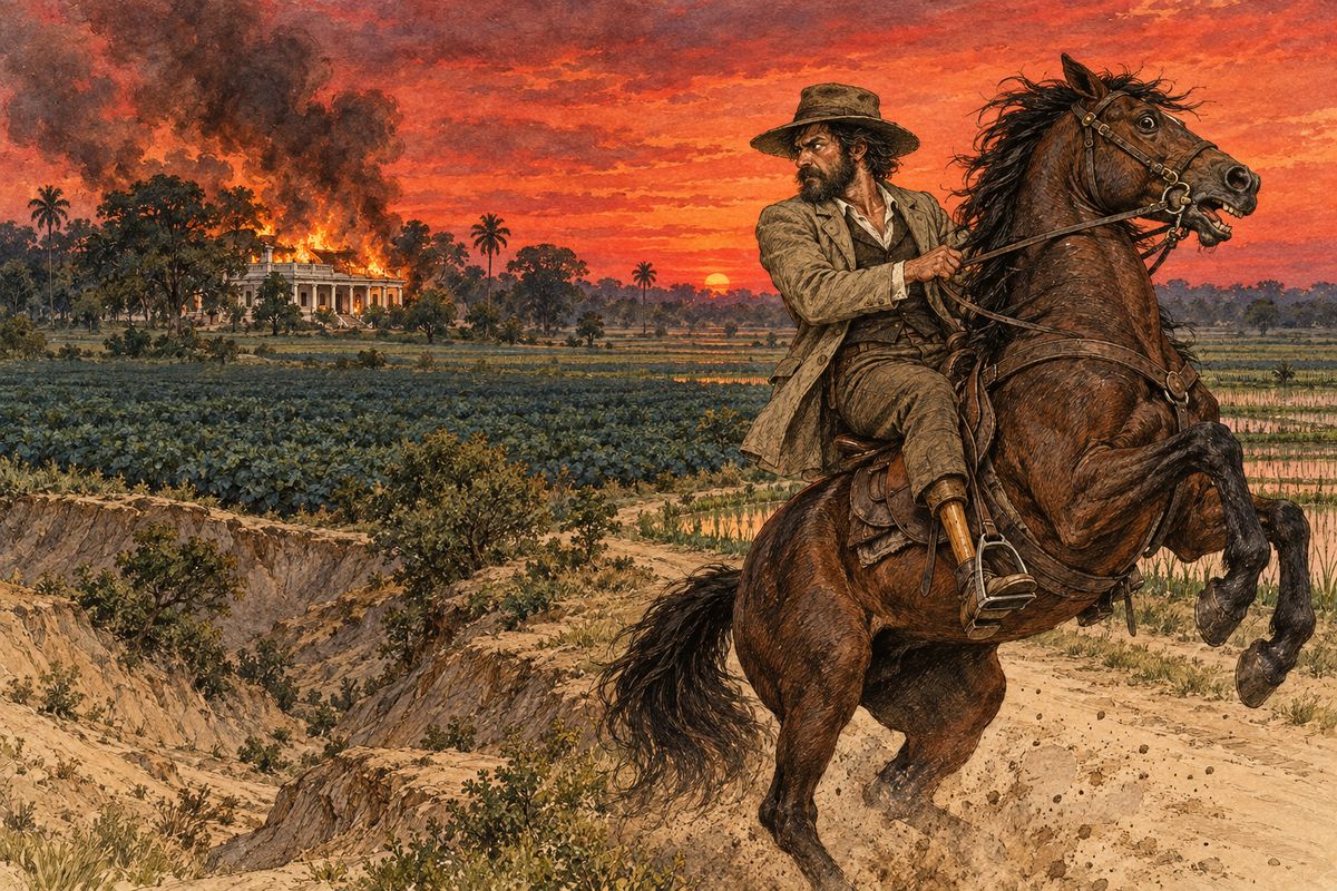 Then, in 1857, the great Mutiny broke over the country. Riding home one evening, Small found the Dawsons dead and Abel White's bungalow in flames, with rebels all round it. He could do nothing for his employer, so he galloped away across the paddy-fields and reached the walls of Agra late that night.