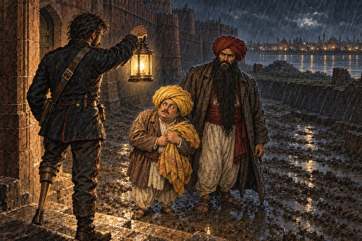 The treasure, Abdullah whispered, was a rajah's box of jewels, carried by a servant posing as the merchant Achmet. Tempted, Small swore the oath. Before long a shaded lantern came across the moat, and Dost Akbar, a bearded giant, led up a fat little man who begged the Sahib for protection.