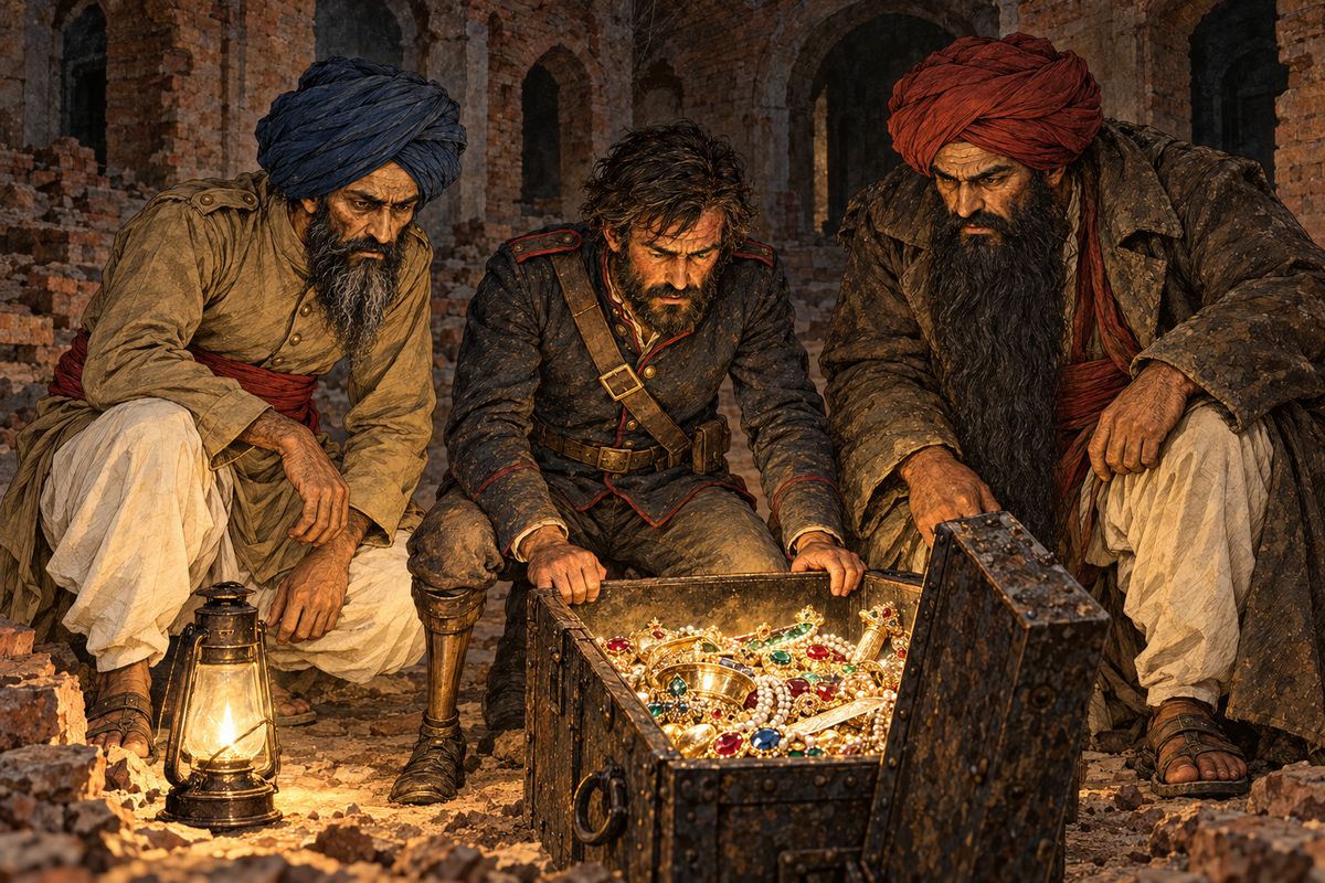 They buried the merchant under loose bricks in a crumbling hall in the deserted part of the fort. Then they opened the iron box, and the lantern lit up diamonds, rubies and pearls. They walled the box up in the same hall, and Small drew four plans of the place, each signed with the sign of the four.
