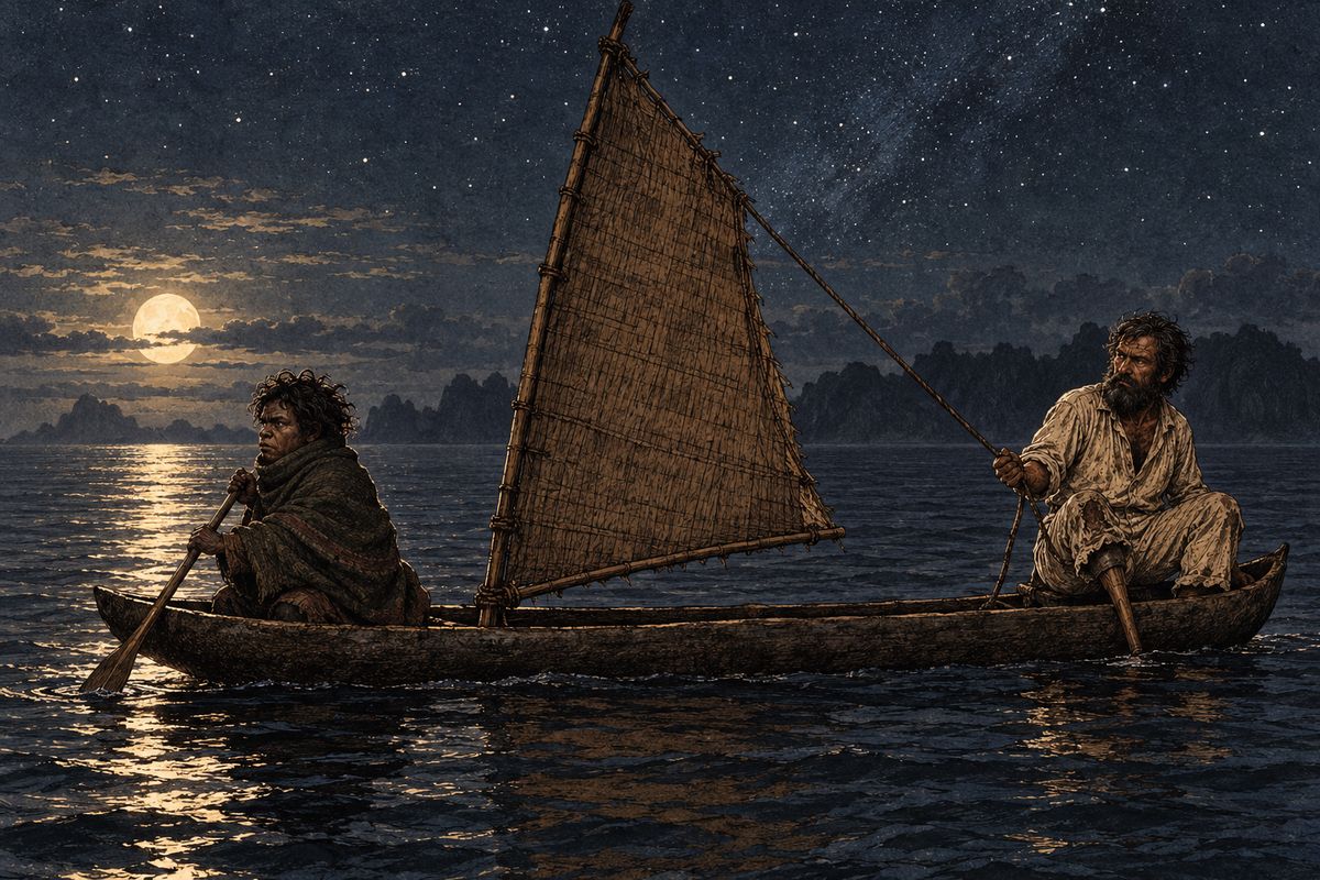 Years later Small nursed a sick Andaman Islander named Tonga back to health, and Tonga became his devoted friend. On the chosen night Tonga brought his canoe to an old unguarded wharf. Small struck down a cruel guard on the way, and for ten days the two of them drifted until a pilgrim ship picked them up.