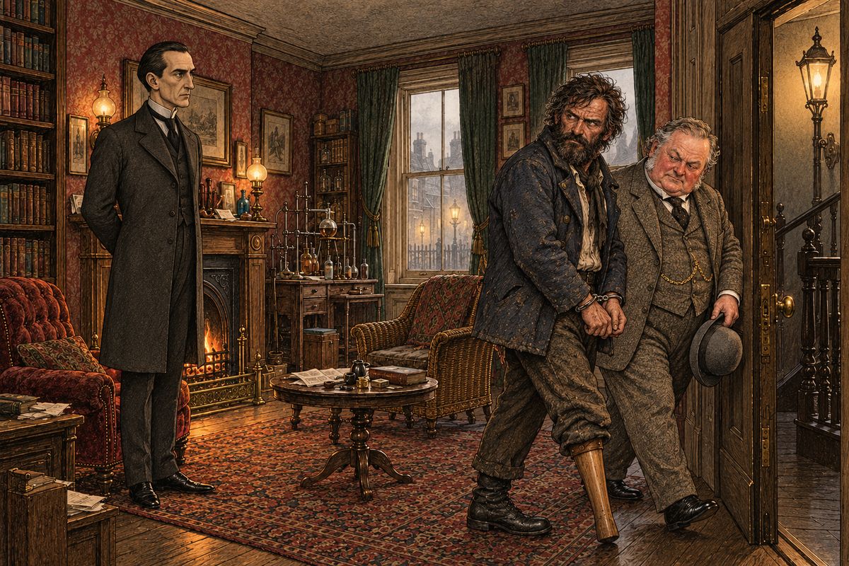 "A very remarkable account," said Holmes. Athelney Jones, who had stretched his duty far enough that night, thanked them and took his prisoner down to the waiting cab. "You first, Small," said the wary inspector. "I'll take care you don't club me with your wooden leg."