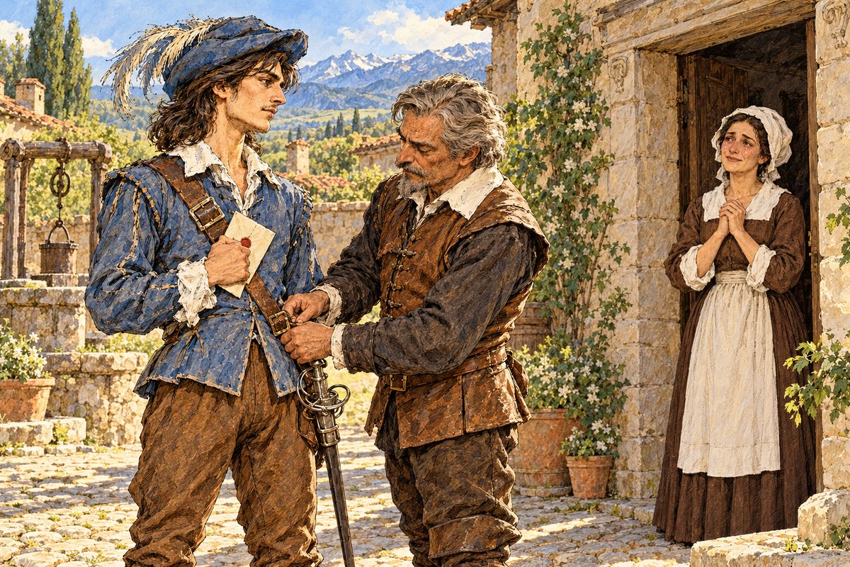 In April 1625, young d'Artagnan left his Gascon home with his father's three gifts: fifteen crowns, an old yellow pony and a letter to Monsieur de Tréville, captain of the King's Musketeers. "Never fear quarrels, but seek adventures," the old man told him, buckling on his own sword. His weeping mother added a recipe for a balsam that would heal any wound.