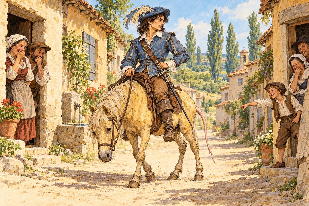 From Tarbes to Meung, the hairless-tailed yellow pony drew grins at every village. D'Artagnan took each smile for an insult and kept his hand on his sword, so the passers-by learned to laugh behind their hands, or on only one side of their faces.