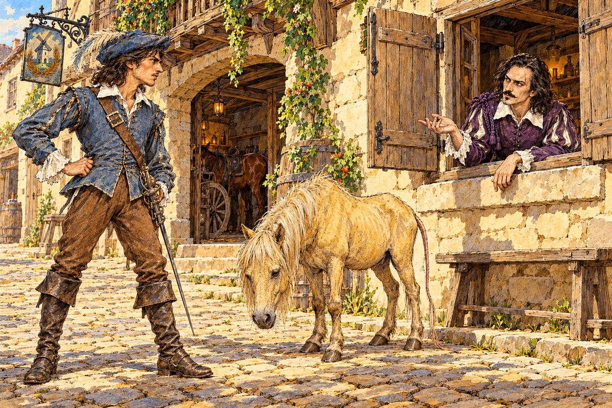 At the Jolly Miller in Meung, a pale stranger in violet sat at a window making jokes about the pony, and his two listeners roared. "Tell me what you are laughing at, and we will laugh together!" d'Artagnan demanded. The stranger coolly called the horse a buttercup, "a colour very well known in botany".