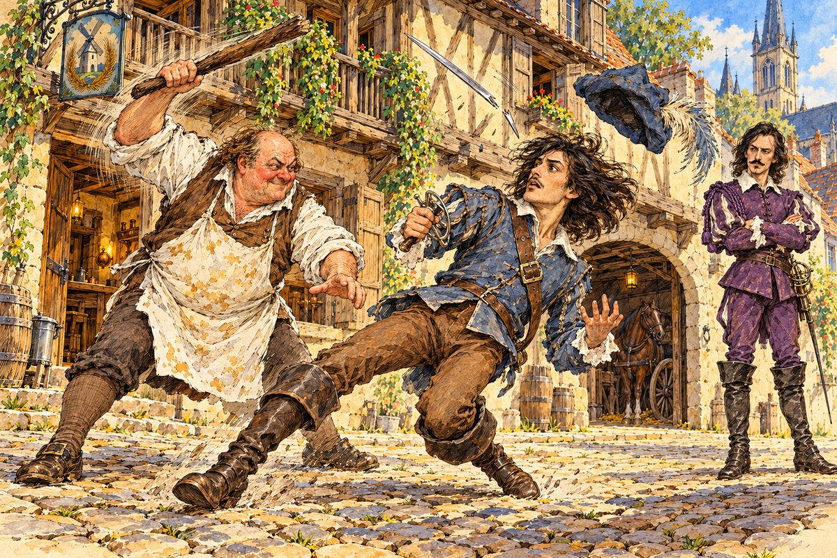 D'Artagnan drew and lunged. The stranger stepped back and drew his own sword, but the host and two companions fell on the boy with sticks, shovels and tongs. Still refusing to beg for mercy, d'Artagnan saw a stick snap his blade in two, and a blow to the forehead knocked him down.