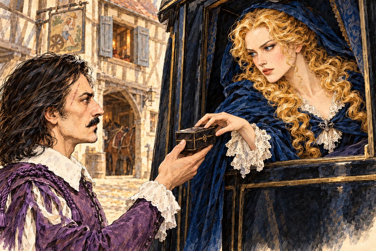Bandaged and dazed, d'Artagnan staggered down to the kitchen and saw the stranger at a carriage window, giving a young lady the Cardinal's orders: go back to England, and report when the duke left London. She was pale, fair and beautiful, with cold blue eyes. "What, without chastising this insolent boy?" she asked. Then both galloped off, and d'Artagnan collapsed in the street.
