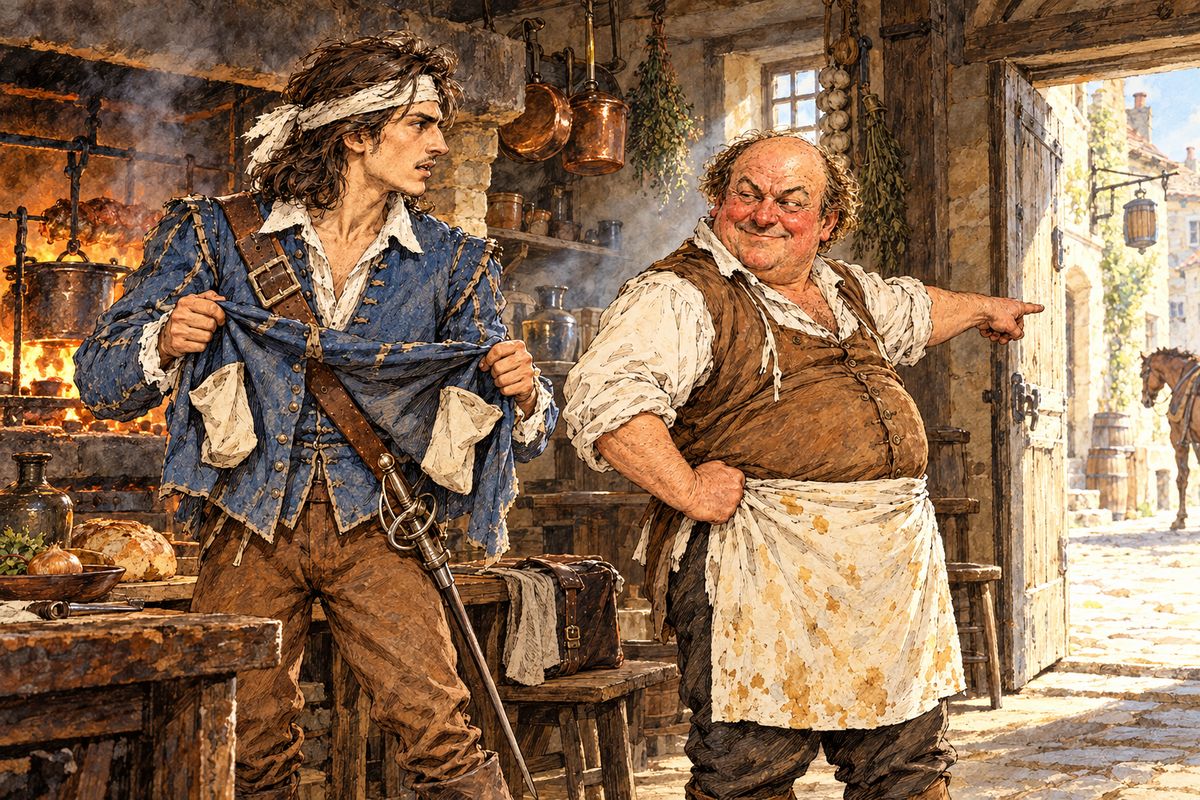 With his mother's balsam, d'Artagnan was almost healed in a day. When he came to pay, though, the letter to Tréville was gone, and his sword was only a stump in its scabbard. He raged, and the host, spit in hand, put the blame elsewhere: "It has been stolen, by the gentleman who was here yesterday!"