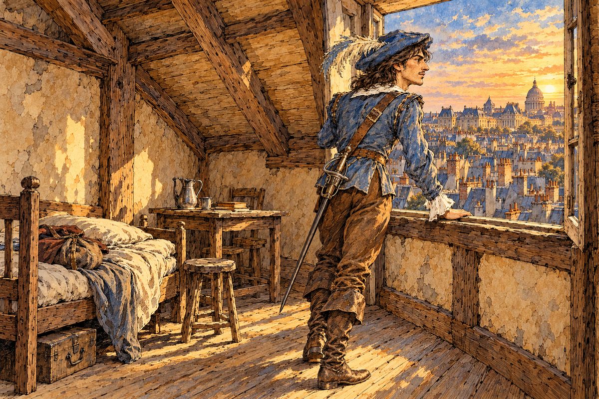 At the gate of Saint-Antoine he sold the yellow pony for three crowns, a fine price for such an odd colour, and entered Paris on foot. He rented a garret in the Rue des Fossoyeurs, close to Tréville's own house, and fell asleep sure that a Gascon's fortune was waiting for him there.