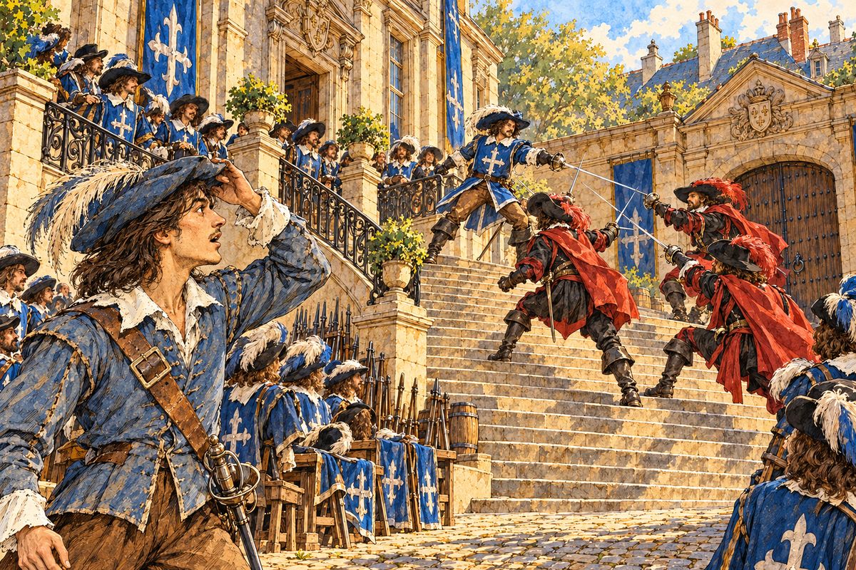 Tréville had come to Paris a penniless Gascon and sword-fought his way to captain of the King's Musketeers, swaggering rivals of the Cardinal's Guards. At his hôtel, d'Artagnan found Musketeers fencing on the staircase with sharpened blades for sport, laughing at every scratch, and for the first time in his life he felt ridiculous.