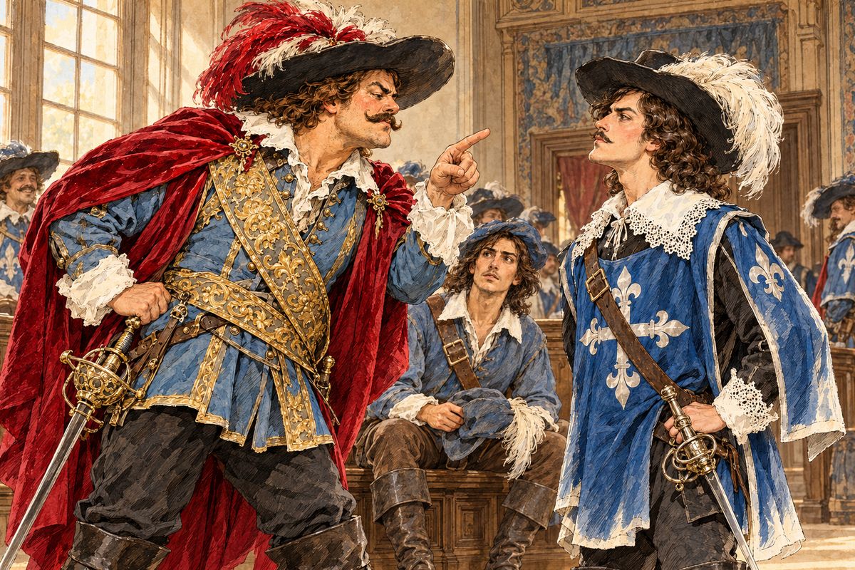 In the antechamber the Musketeers mocked the Cardinal openly. Vain Porthos showed off his gold baldric until soft-spoken Aramis hinted that Buckingham was in France for the queen's sake. "The queen is sacred," Porthos warned. Aramis's mild eyes flashed, and the two were about to quarrel when d'Artagnan's name was called.
