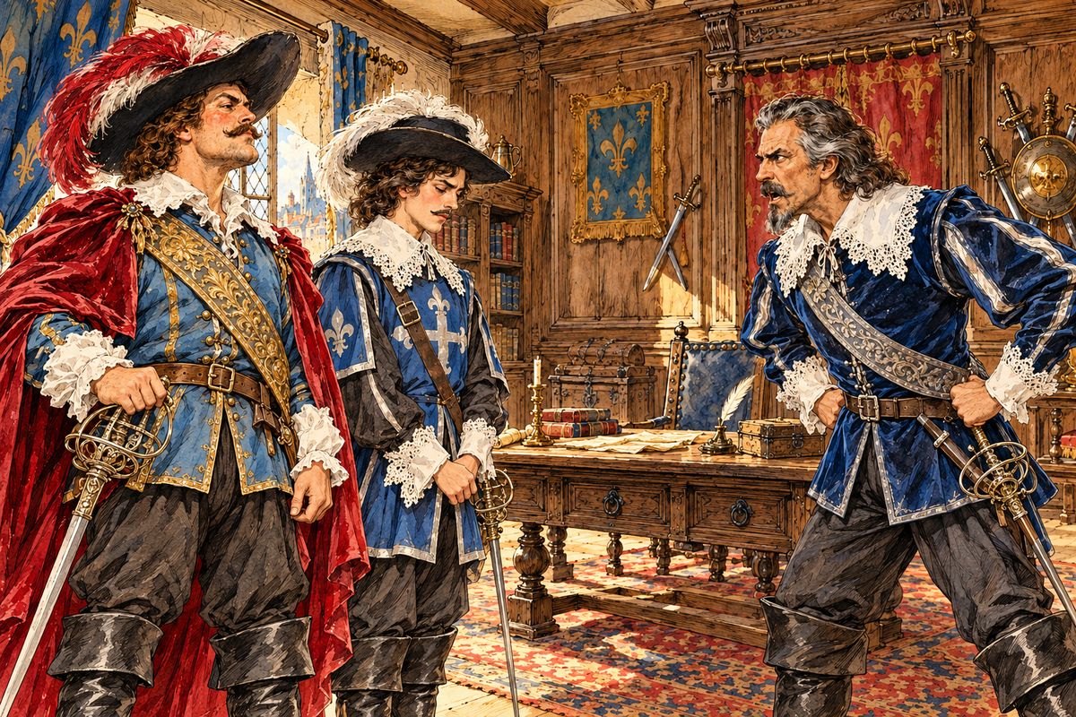 Tréville called for Athos, Porthos and Aramis and scolded the two who came: the Cardinal's Guards had arrested Musketeers after a tavern brawl in the Rue Férou. Red to the eyes, Porthos protested that they had been ambushed six against six, two comrades killed and Athos badly wounded, and they had escaped on the way.