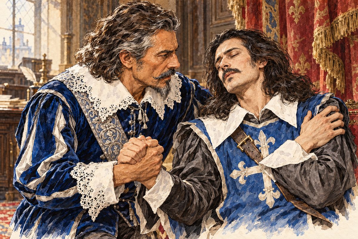 Then the tapestry lifted and Athos walked in, deathly pale but perfectly dressed. "You have sent for me, sir." Moved by such courage, Tréville seized his hand and squeezed it hard. Athos could not bear the pain of his wound and fell to the floor as if dead. A surgeon was found, and Tréville later learned that he had only fainted from loss of blood.