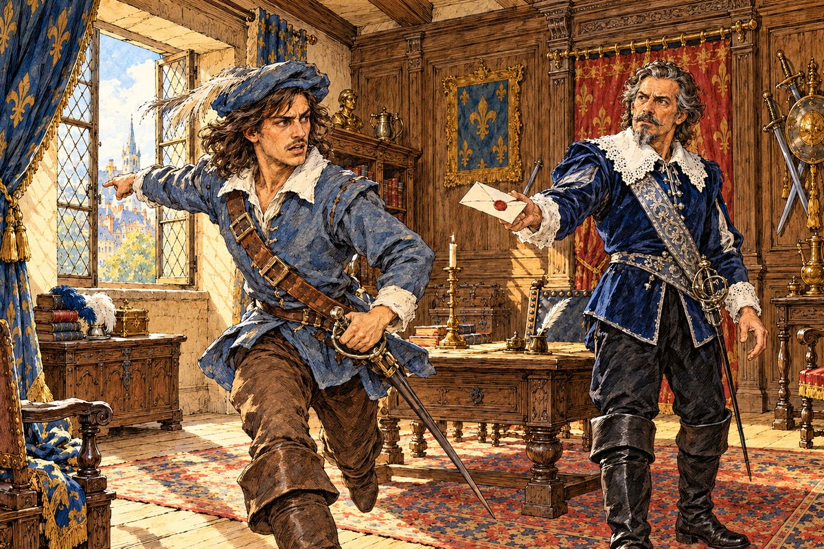 Alone with Tréville, d'Artagnan described the scarred man of Meung who had spoken with a lady he called 'Milady'. Tréville recognised him at once. "Pass by on the other side of the street," he warned. "He would break you like glass." But as Tréville handed over a letter for the Academy, d'Artagnan saw his thief from the window and rushed out.