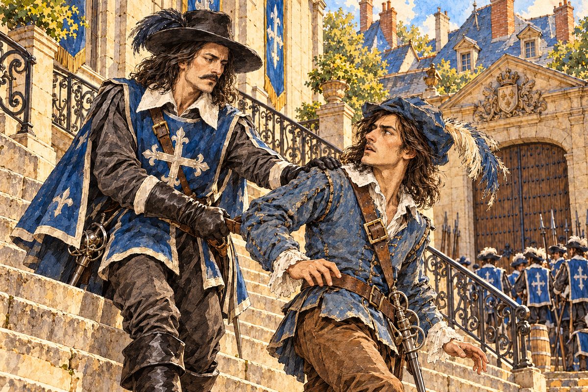Bursting from Tréville's antechamber in pursuit of the man of Meung, d'Artagnan ran headlong into a Musketeer and struck him full on the wounded shoulder. It was Athos, pale with pain, who seized him by the belt and named a meeting: noon, by the Carmes-Deschaux. "At quarter past twelve I will cut off your ears as you run."